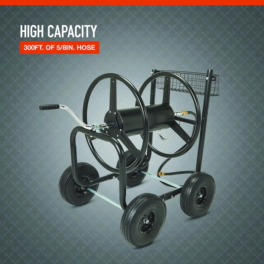 Hose Reel Cart, Holds 300ft. of 5/8in. Hose, 6ft. Leader Hose