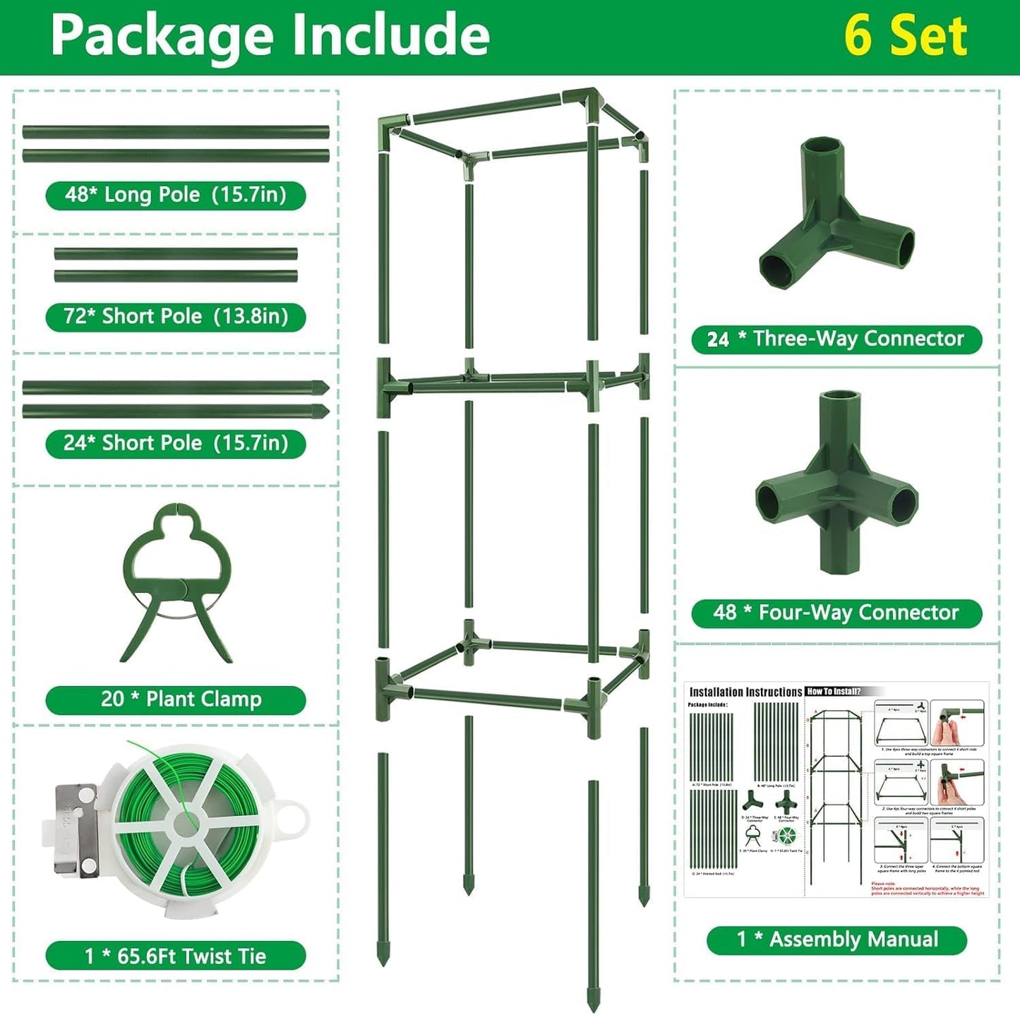 3 Pack 49" Square Tomato Cages, Heavy Duty Steel Garden Trellis Kit