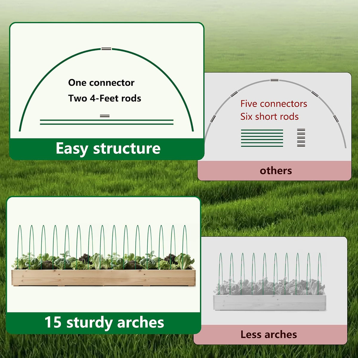 Garden Greenhouse Hoops Kit 15 Sets -2-Section Design, 8ft Grow Tunnels Poles Plant Raised Beds, 30 Pcs 4ft Solid Fiberglass Support Stakes 15 Metal Connectors -Quick Assembly No Loose Parts (Black)