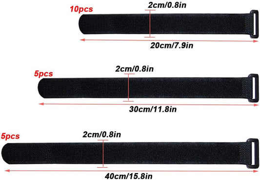 20 Pieces Black Cable Straps Set, Hook and Loop Cable Ties (20, 30, 40 cm)