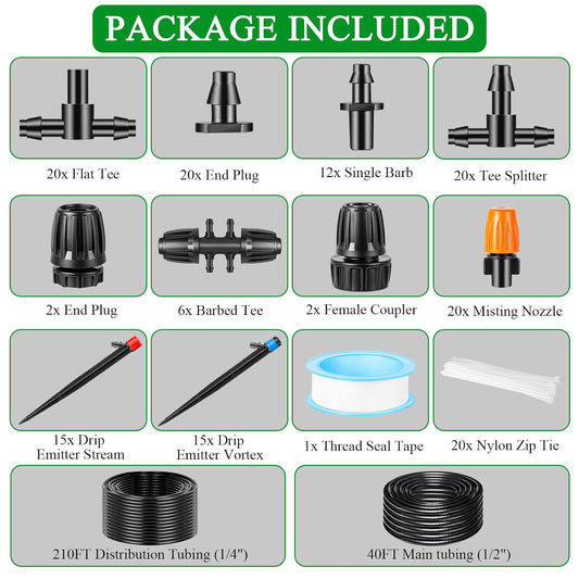 250FT Drip Irrigation System Kit, Automatic Drip Irrigation Kit with 1/2 inch Hose 1/4 inch Distribution Tubing and Accessories for Greenhouse, Yard, Lawn