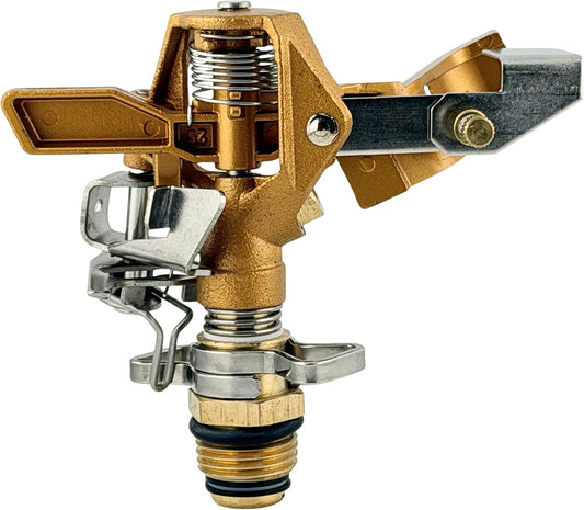 Brass Impact Sprinkler Head, 1/2” Male Pipe Thread – Adjustable 20°–360° Arc, 25–41 Ft Coverage – Heavy-Duty All-Brass Construction for Lawn Irrigation, Long-Range Watering & Durability