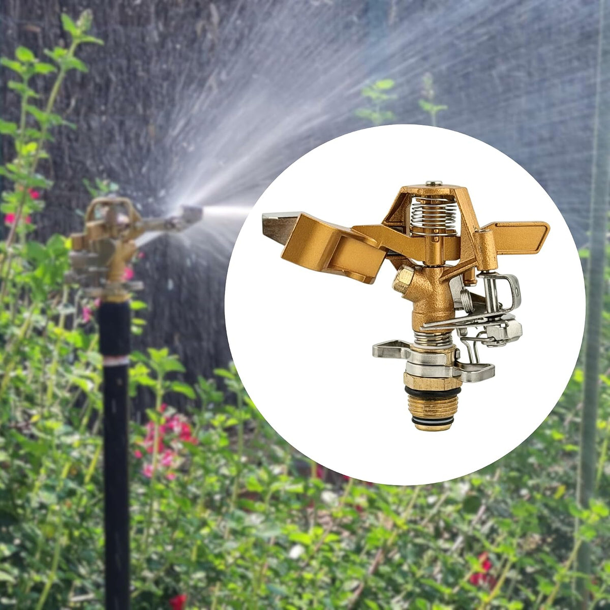 Brass Impact Sprinkler Head, 1/2” Male Pipe Thread – Adjustable 20°–360° Arc, 25–41 Ft Coverage – Heavy-Duty All-Brass Construction for Lawn Irrigation, Long-Range Watering & Durability