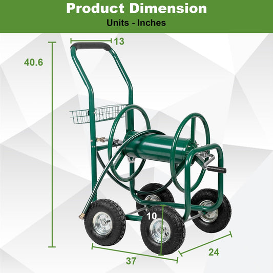 Hose Reel Cart, Hose Cart with Wheels, Water Hose Reel Cart Hose Reels for Outside,Holds 300 FT (5/8") Capacity, Outdoor Watering Cart with Storage Basket for Lawn, Patio, and Farm (Green)