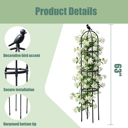 Garden Trellis, 63" Plant Support with Bird Decoration, Plant Trellis for Climbing Vines,Black Decorative Garden Cage for Climbing Roses, Clematis, Vegetables in Patio & Yard-2PACK