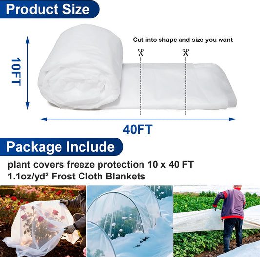 Plant Covers Freeze Protection, 10 * 40FT 1.1 oz/yd² Large Thick Frost Blankets for Outdoor Plants in Winter, Floating Row Cover for Vegetable Garden, Frost Cloth Plant Freeze Protection