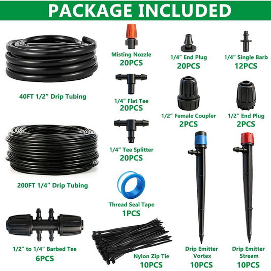 135PCS 240FT Drip Irrigation System Set, Automatic Drip Irrigation Kit for Greenhouse, Yard, Lawn, Plant, with 1/2 inch Hose, 1/4 inch Distribution Tubing and Accessories