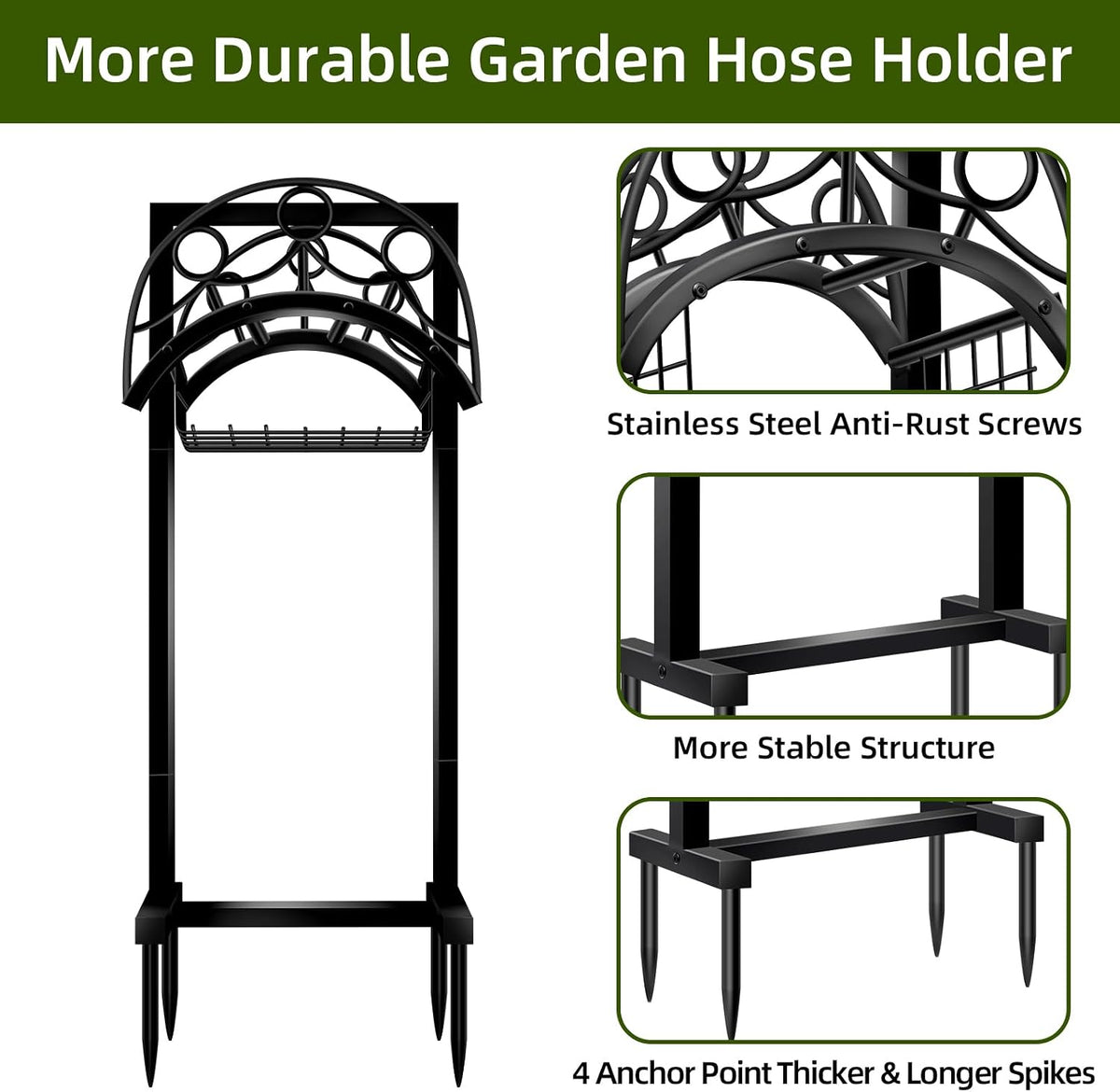 Garden Hose Holder – Detachable Water Hose Holders Stand, Holds 160-Feet Hose, Freestanding Metal Hose Storage Hanger Rack with Storage Basket for Outside Yard Lawn Farm