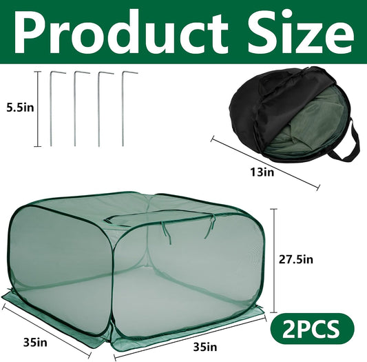 2 Pcs Pop Up Mesh Plant Cover, 35" x 35" x 27.5" Foldable Plant Protector Mesh Plant Enclosure, Garden Net Cage Guard Cover with 8 Ground Stakes for Protecting Plant Vegetable Fruit from Birds Insects