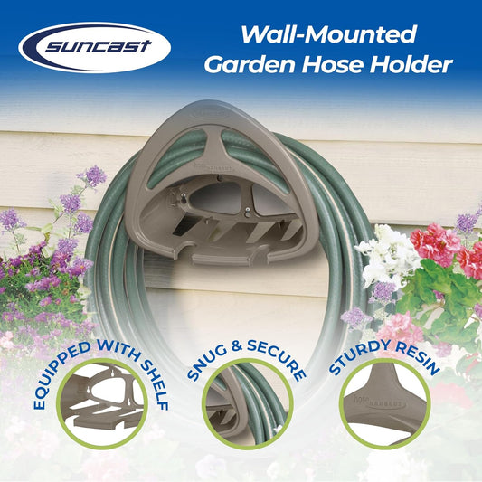 4 Pack Hangout HH150 Outdoor Wall Mounted Durable Resin Garden Hose Holder with Accessories Shelf, Designed for 150 Foot Garden Hoses, Taupe