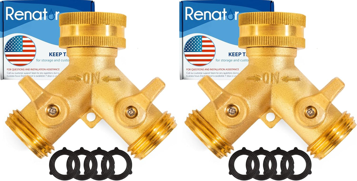 Garden Hose Splitter, 2 Way Heavy Duty Brass Water Hose Splitter Lead-free Compliant, Faucet Spigot Y Splitter for outdoor use Double Valve Adapter Plus 2 Rubber Washers & Tape