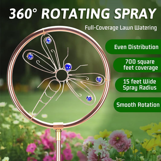34" Tall Copper-Coated Stainless Steel Garden Sprinkler, 360° Rotating Decorative Ornamental Sprinkler for Lawn, Yard & Landscape Watering (Dragonfly)