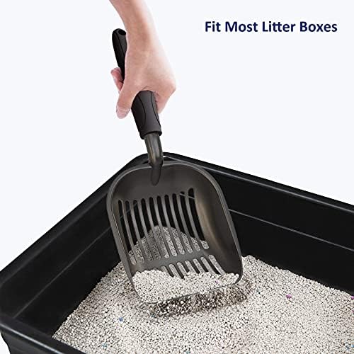 Cat Litter Scoop, Non-Stick Plated Aluminum Alloy Sifter, Kitty Durable Metal Scooper, Deep Shovel, Long Handle, Kitten Pooper Lifter, Size Medium, Coated Black Body with Turkish Blue Handle