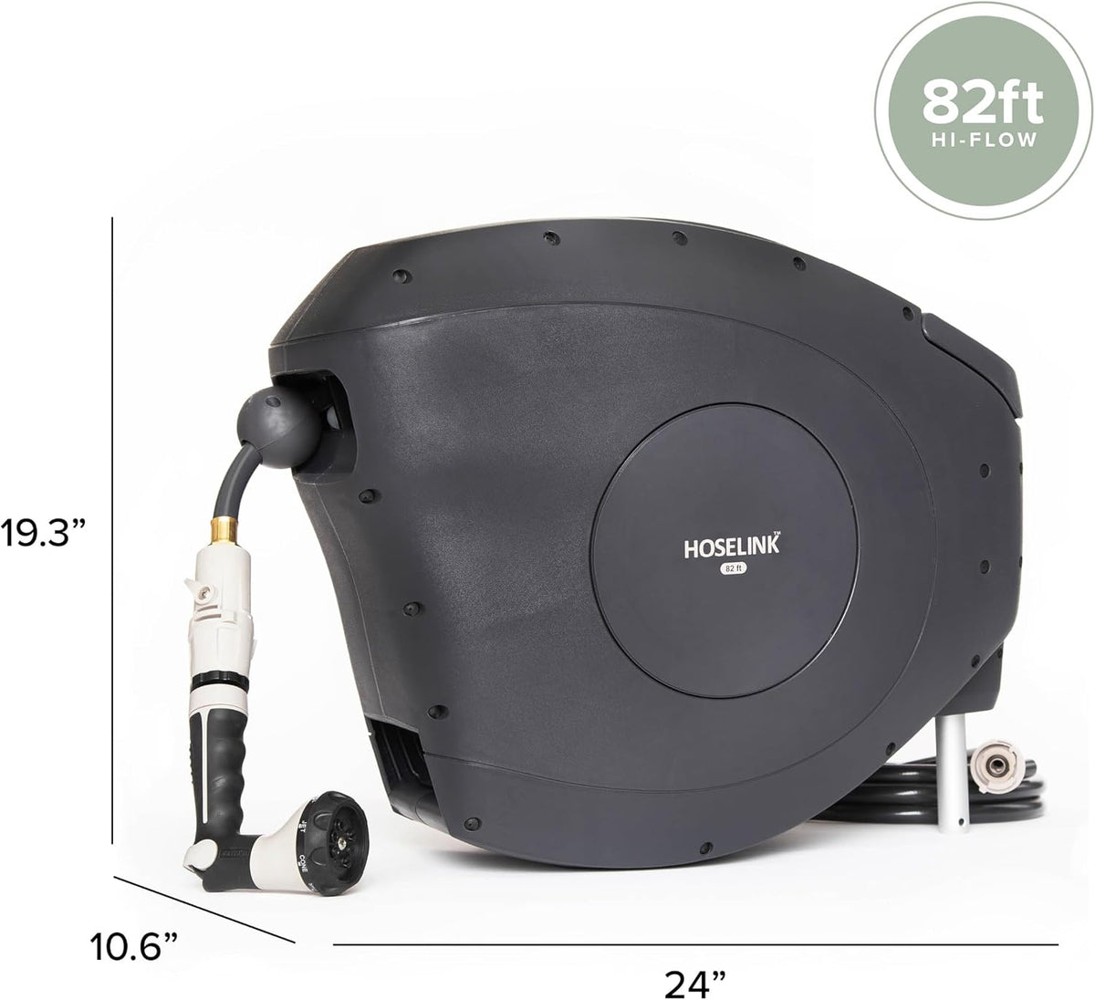 HOSELINK Classic Charcoal 100ft Automatic Retractable Garden Hose Reel, 1/2" UV-Stabilized Kink-Free Hose, Wall Mounted Complete Watering Solution for Backyard, Garden & Outdoor