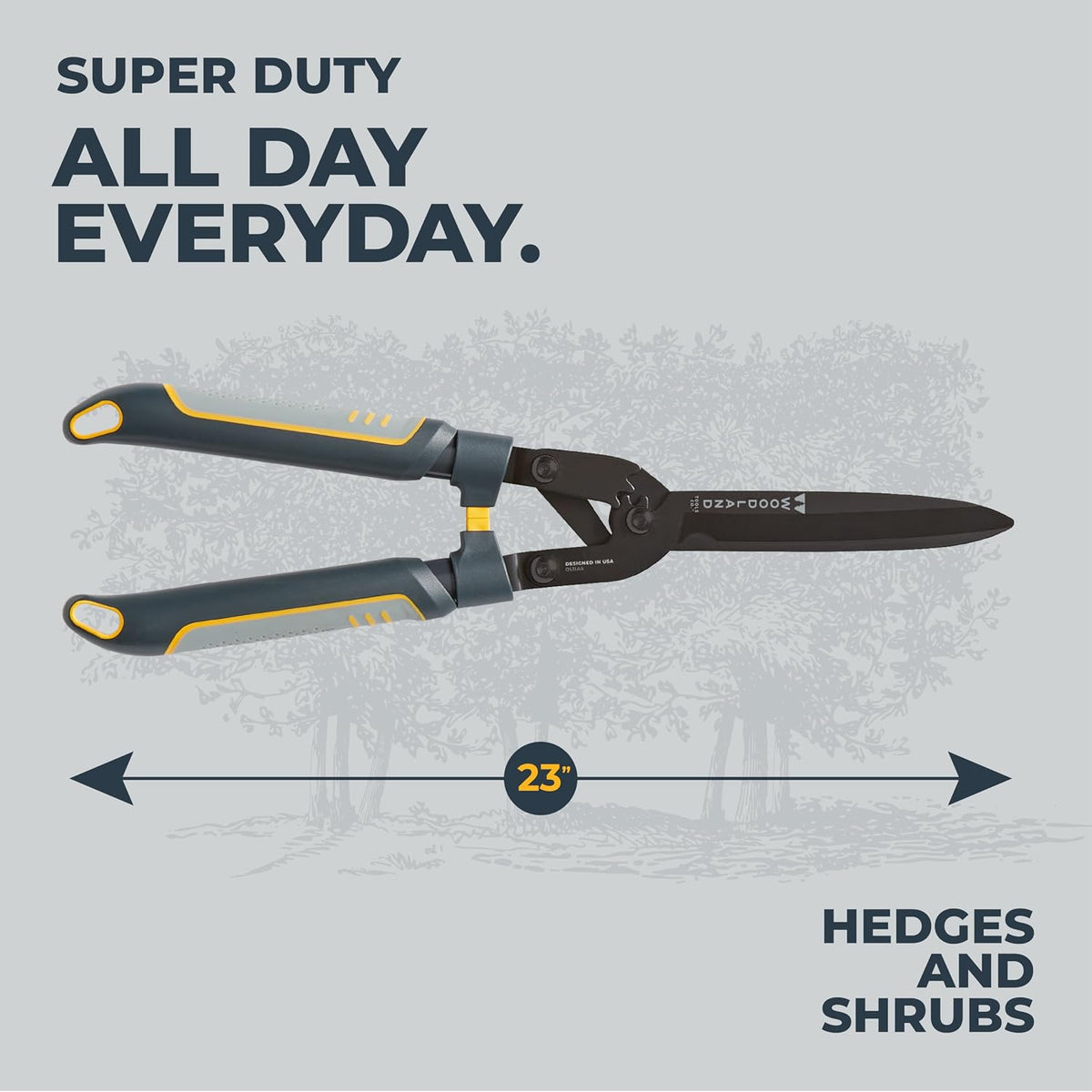 Woodland Tools Heavy Duty Hedge Shears, 23 Inch Manual Hedge Clippers with 10 Inch Lever-Assist Blades and Non Stick Coating, Branch Trimmer for Dense Shrubs and Overgrown Hedges