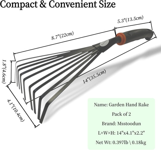 2 Pack Small Hand Rake for Gardening, Mini Leaf & Shrub Rake with Durable Steel Tines, Ergonomic Non-Slip Handle for Flower Beds, Lawn, Leaves & Yard Cleanup