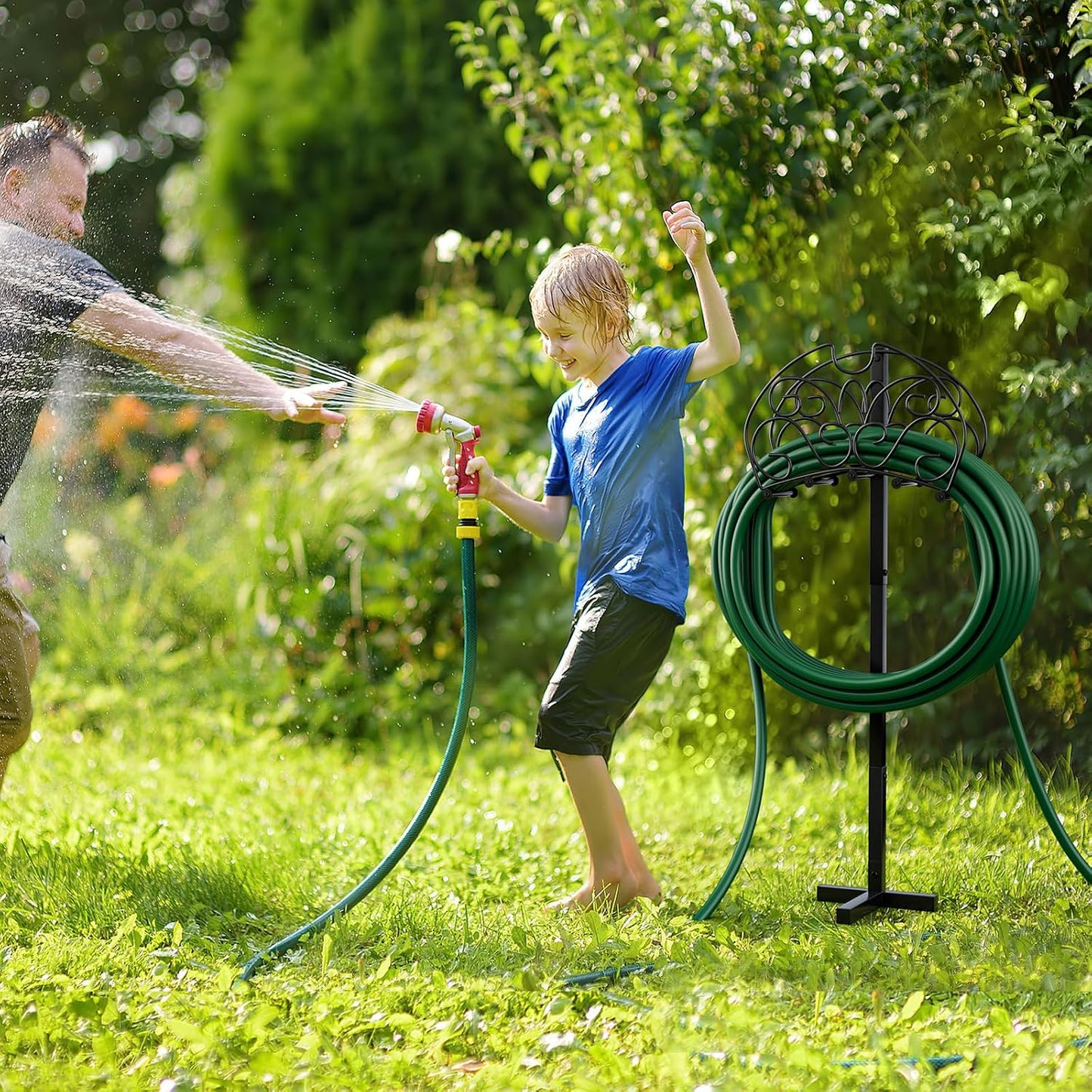 Garden Hose Holder Stand, Not Water Hose Holder Freestanding with 3 Anchor Points, Fit to 150ft Water Pipes, Heavy Duty Metal Hose Hanger Freestanding for Outside Yard Lawn (Hose Not Included)