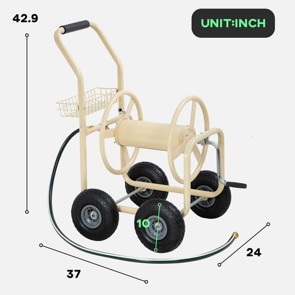 Garden Hose Reel Cart Outdoor Lawn 4-Wheel Heavy Duty Yard 300FT Water Truck With Storage Basket, Black