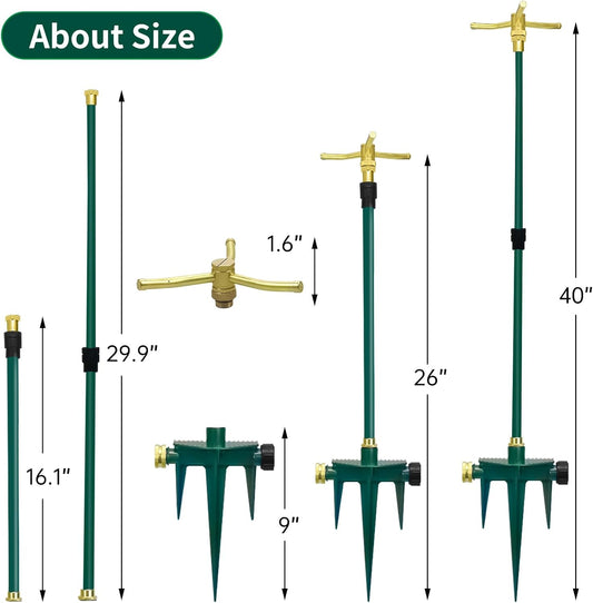 3-Arm 360° Rotating Garden Sprinkler, 2 Pack Telescoping Sprinkler with Spike, Brass Garden Lawn Water Sprinkler for Large Area up to 40 Inches