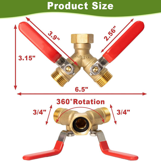 Brass Garden Hose Splitter 2/3/4 Way,Hose y Splitter with Shutoff,Heavy Duty Outdoor Faucet and Garden Connector,Extension Handles,3/4” GHT Threads