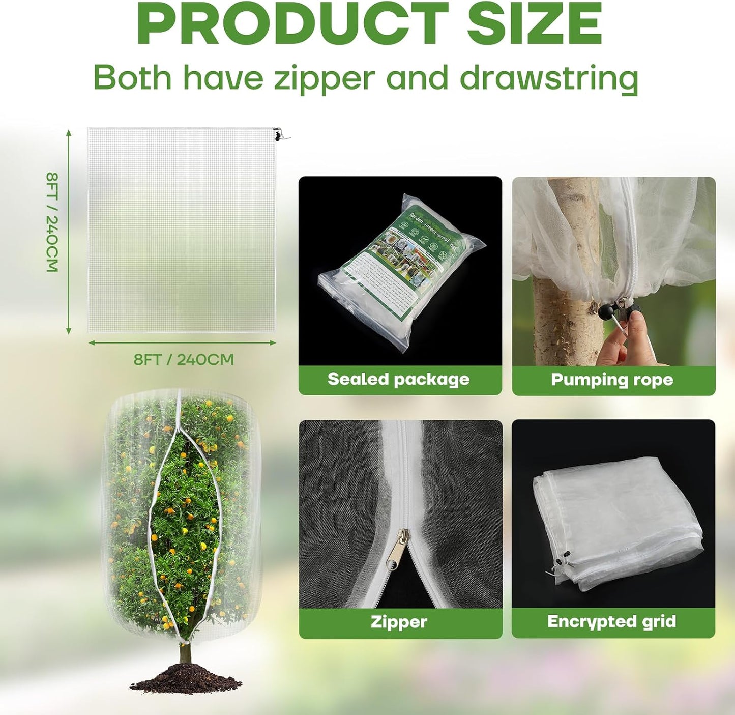 6FT x 6FT Fruit Tree Netting with Zipper and Drawcord, 2Pcs Garden Plant Net Pest Barrier Bag, Insect Bird Mesh Netting Cover for Protect Vegetables Flower Blueberry