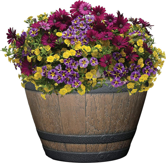 Classic Home and Garden Outdoor Whiskey Resin Flower Pot Barrel Planter, Walnut Brown, 15"