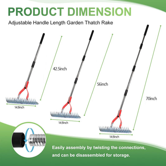 Thatch Rake, 15-Inch Wide dethatcher rake for Cleaning Dead Grass, Adjustable Dead Grass rake for Yard Lawn,thatch rakes for lawns with Stainless Steel Handle, Yard dethatcher rakes, 70-Inch Length.