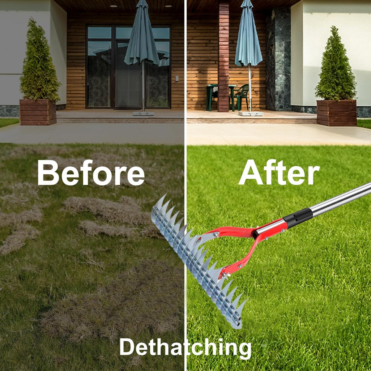 Thatch Rake, 15-Inch Wide dethatcher rake for Cleaning Dead Grass, Adjustable Dead Grass rake for Yard Lawn,thatch rakes for lawns with Stainless Steel Handle, Yard dethatcher rakes, 70-Inch Length.
