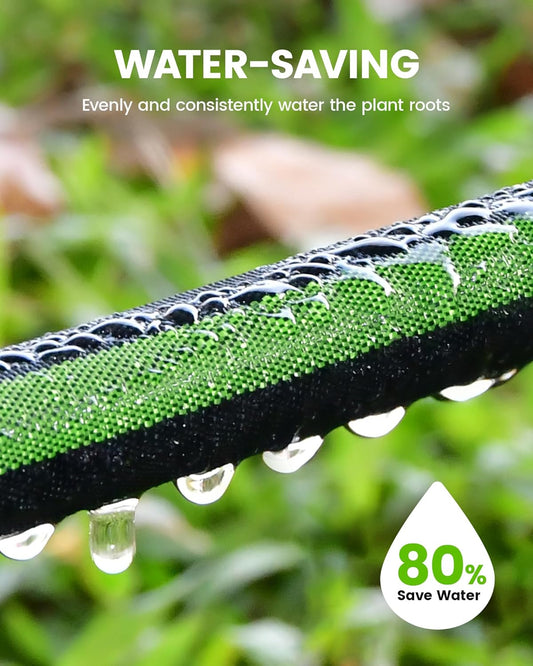 Soaker Hose 25FT, 80% Water-Saving Flat Drip Hose, Leakproof and Flexible with Anodized Aluminum Ends, Double Layer Gardening Irrigation Hoses for Gardens, Vegetables and Trees, Green