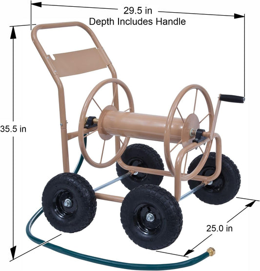 Liberty Garden Industrial 4 Wheel 300 Foot of 0.625 Inch Hose Steel Frame Water Hose Reel Cart for Backyard, Garden, or Lawn, Beige