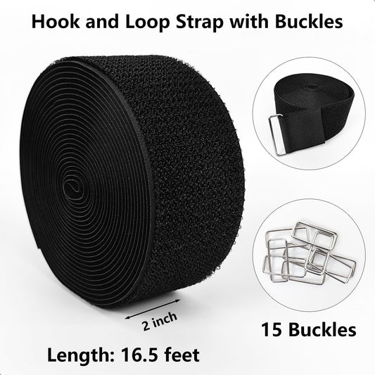 Hook and Loop Straps, 2'' x 16.5', Fastening Cinch Straps with 15 Metal Buckles, Cut to Length, Heavy Duty, Reusable Cable Straps, Cord Straps, 16.5 Feet Long Cord Strap for Storage and Organization