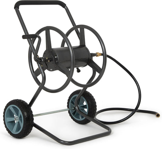 2‑Wheel Garden Hose Reel Cart, Portable Hand‑Crank Hose Reel, Rust‑Resistant Hammertone Gray Finish, Brass Connectors