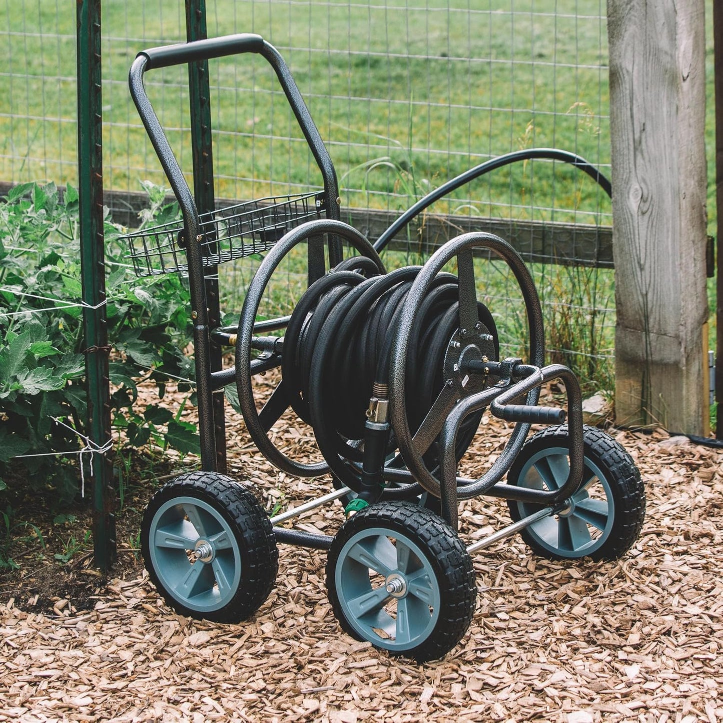 2‑Wheel Garden Hose Reel Cart, Portable Hand‑Crank Hose Reel, Rust‑Resistant Hammertone Gray Finish, Brass Connectors