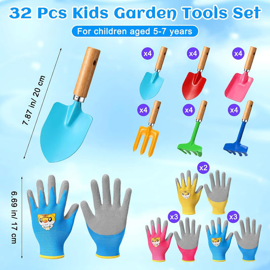 32 Pcs Mini Colorful Metal Garden Tool Set Hand Shovel and Kids Gardening Gloves Set Includes 24 Pcs Shovel Rake Fork with Wooden Handle and 8 Pairs Latex Gloves for Kids Beach Outdoor Birthday Gift