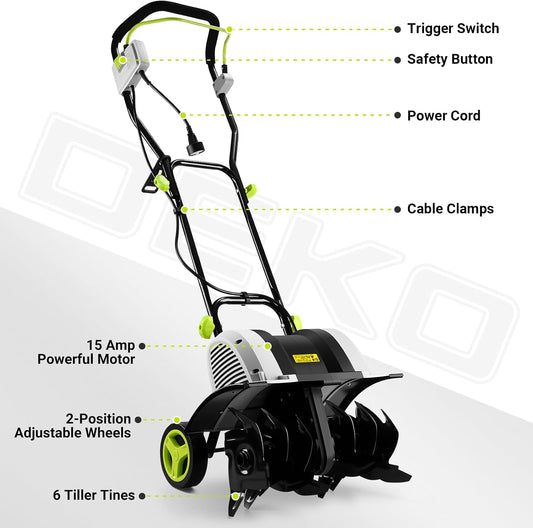 Cultivator Tiller for Gardening:18 Inch Electric Tiller with 6 Steel Tines, Corded 15 Amp Garden Rototiller for Soil Digging with Adjustable Wheels