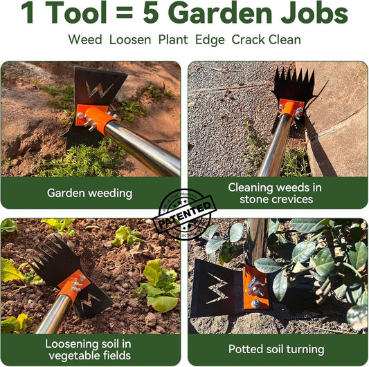 Garden Hoe & Weed Puller Tool with Long Handle, 60 Inch,Manual Weed Remover Tool, 3-in-1 Weed Rake & Grabber & Pruning Shears, Dandelion Gardenia Heavy Duty Uprooting Tool for Yard, Lawn and Garden
