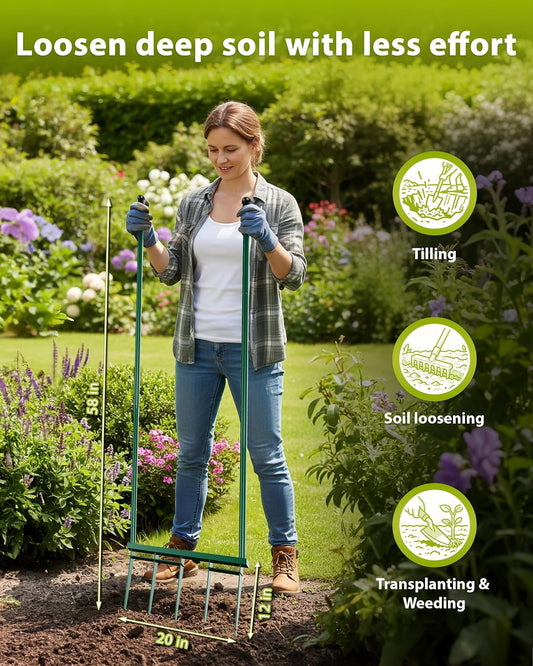 Broadfork Garden Tool, 5-Tine Heavy Duty Broad Fork, Manual Hand Tiller with 58 Inch Ergonomic Handle, Pitchfork Digging Fork for Cultivating Spading Crushing Aerating Gardening Soil