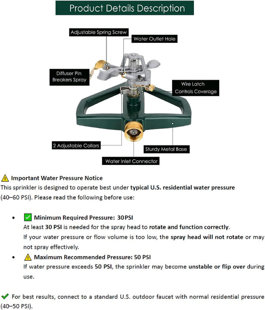 Heavy Duty Metal Pulsating Sprinklers for Yard - 360 Degree Roating Automatic Water Sprinkler for Lawn with Metal Base, Impact Sprinklers for Large Area Covers Up to 85โ Diameter