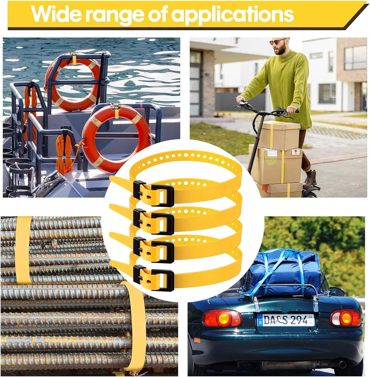 4 Pack Utility Straps 16" Reusable Industrial Straps, Black
