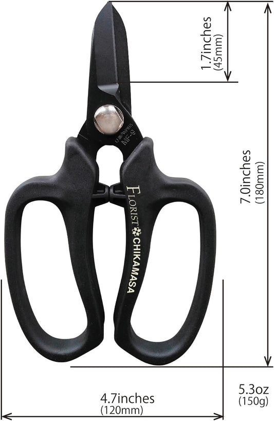 CHIKAMASA MF-9000, Precision Shears for Florists, Carbon Steel with Fluorine Coating and built-in wire cutter. For flower arrangement, fresh flowers, general gardening. Designed with florists. (Black)