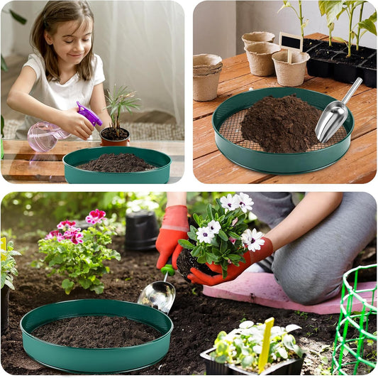 Soil Sifter for Gardening, 12" Green Soil Sifter Potting Sieve with Shovel and 4 Fine Screens for Sand Dirt, Sand, Rock, Filtration, Compost and Bonsai (5 IN1)