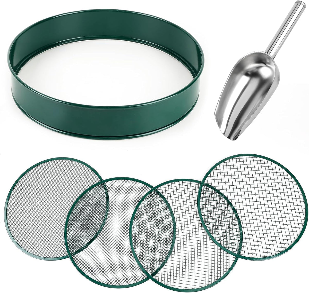 Soil Sifter for Gardening, 12" Green Soil Sifter Potting Sieve with Shovel and 4 Fine Screens for Sand Dirt, Sand, Rock, Filtration, Compost and Bonsai (5 IN1)