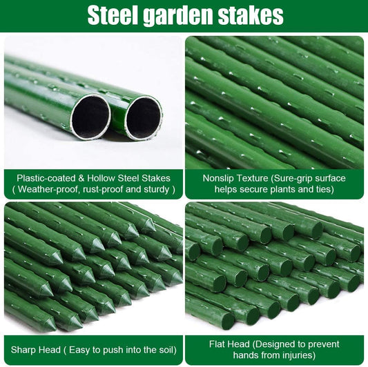 Steel Plant Stakes 3 Feet, Plastic Coated Metal Garden Stakes Supports Climbing for Tomatoes, Trees, Beans, 25 Pack