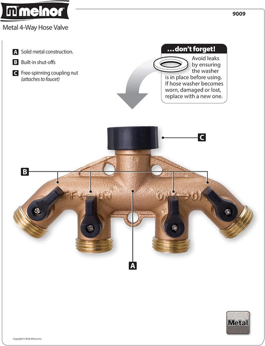 65077-AMZ 4 Way Heavy Duty Metal Garden Hose Splitter, Hose Spigot Adapter with 5 Leak-Free Washers, Brass Hose Bib Splitter