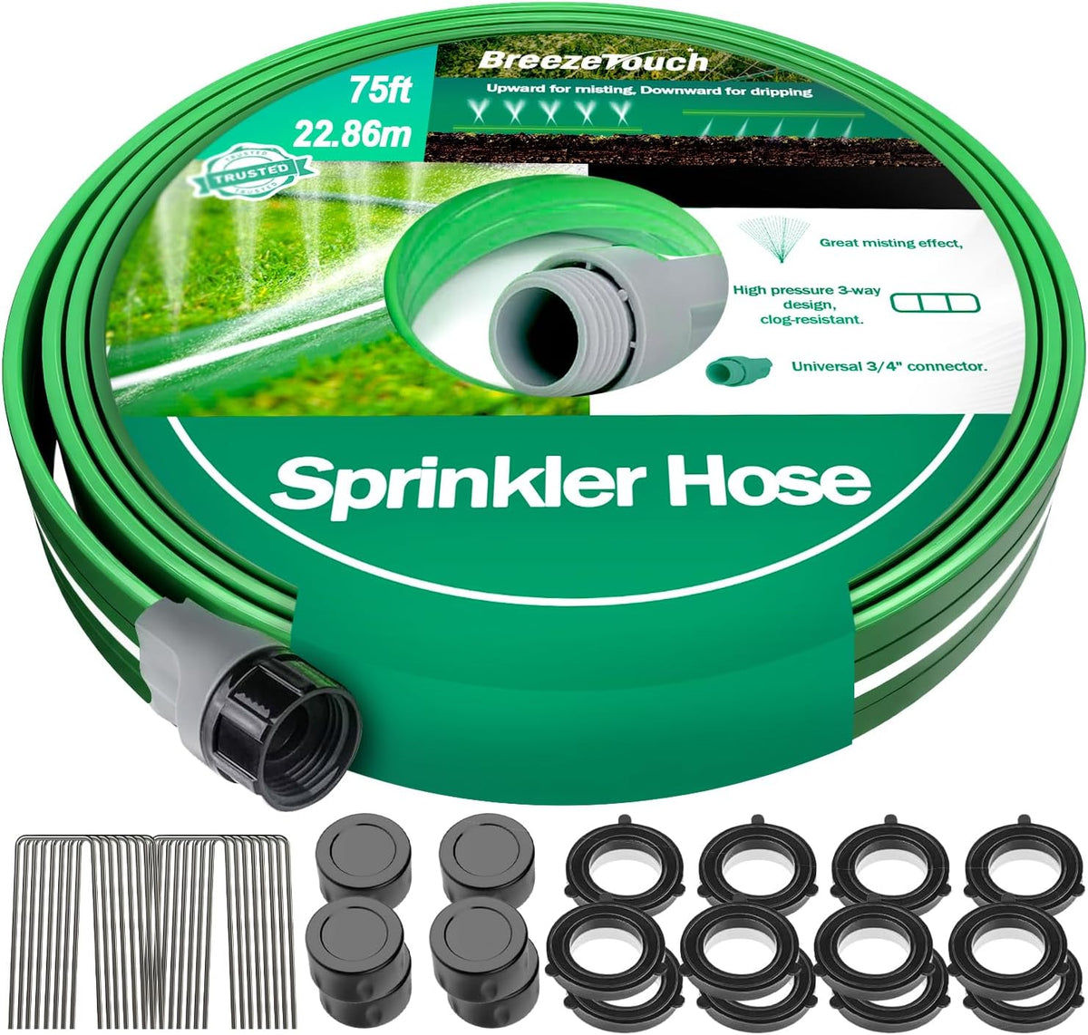 2 Pack 50FT Three-Tube Flat Sprinkler Hose with Holes with U-Shaped Stakes
