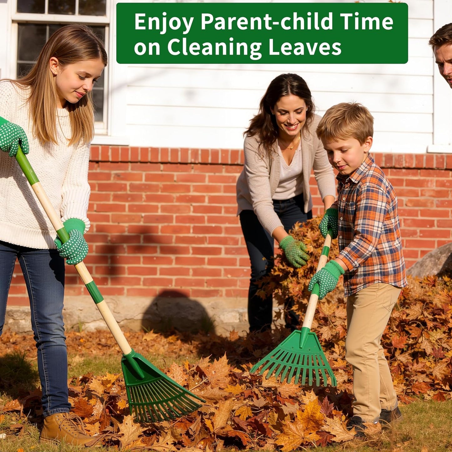 2 Pack Kids Leaf Rake Set, 34" Adjustable Detachable Garden Rake with 2 Pairs Gloves, Lightweight Wooden Handle for Ages 3+, Green
