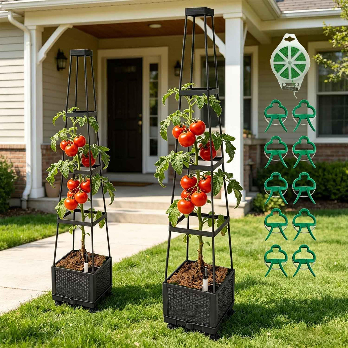 Movable Raised Garden Bed Tomato Planter Box with Trellis and Universal Wheel Self-Watering Garden Beds Outdoor for Vegetables 2-Pack