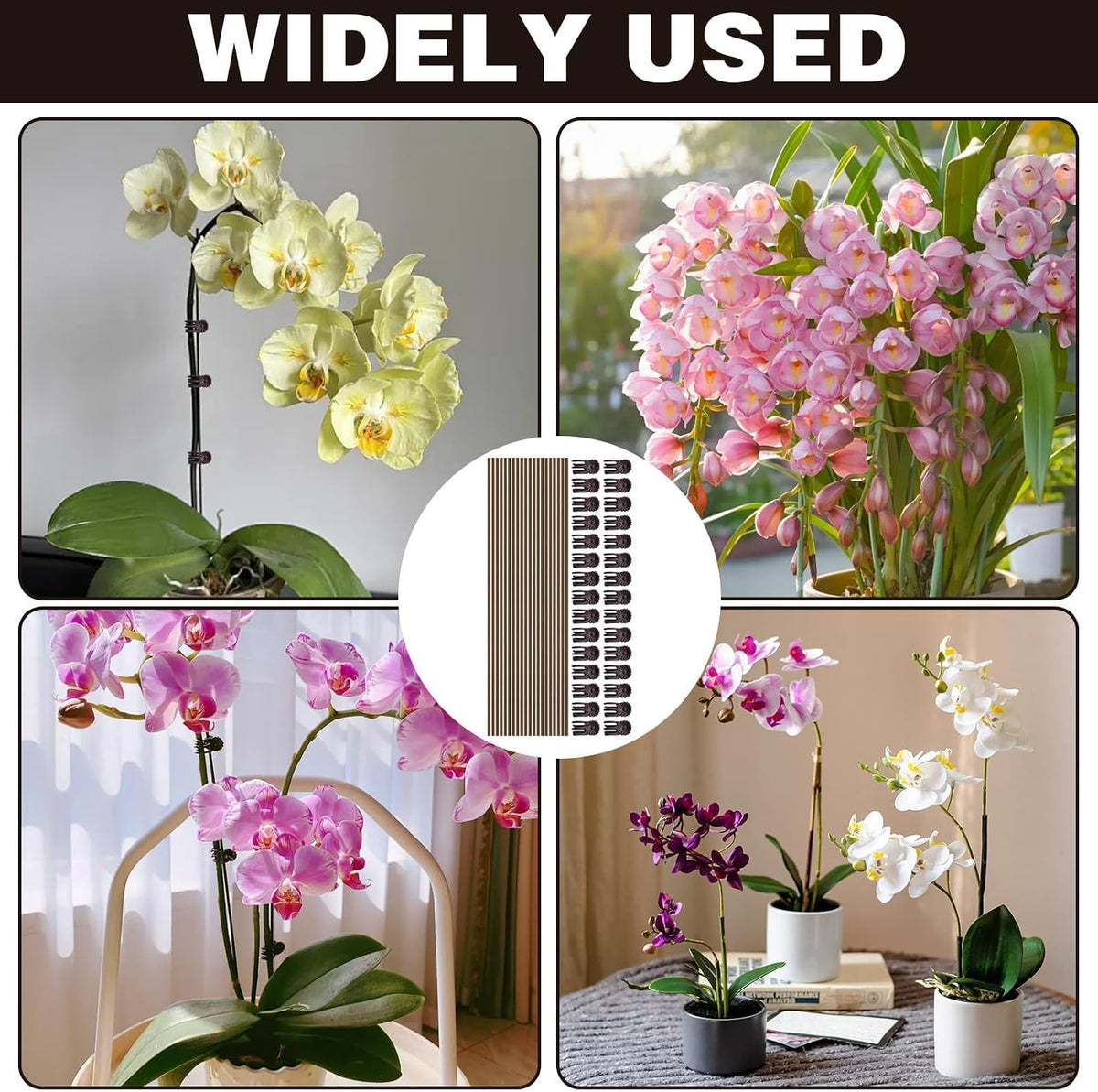 10Pcs Plant Support Stakes with 15Pcs Plant Clips, 15.75inch Tall Bendable Single Stem Sticks Orchid Clips Brown Helps Growth for Indoor Outdoor Flowers Rose Amaryllis