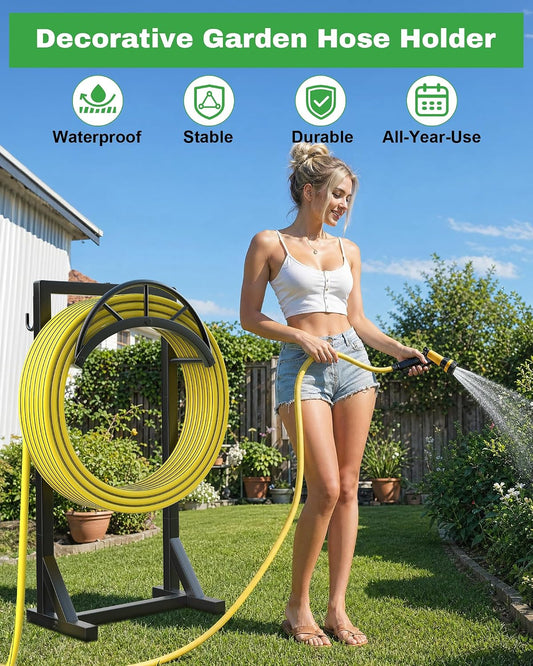 Garden Hose Holder, Metal Water Hose Storage Stand Hanger, Freestanding Water Hose Organizer Rack with 2 Tool Hooks for Outdoor Yards, Farms and Lawns, Black
