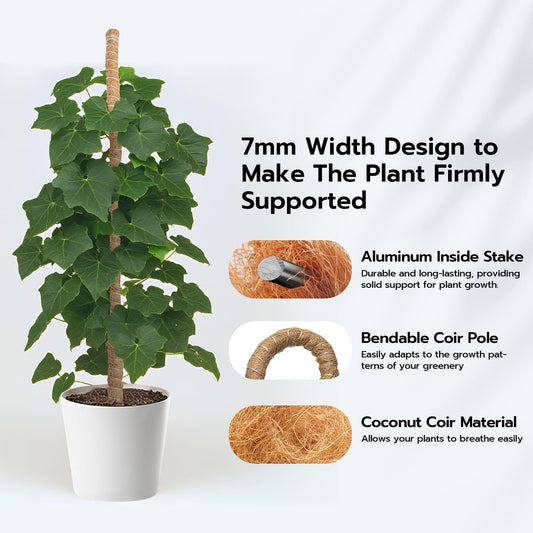 Bendable Moss Pole for Plants 47 Inch, Monstera Plant Support Stake with 7mm Aluminum Core, Coconut Coir Climbing Pole for Monstera Pothos Philodendron, Complete Kit with Ties & Rope